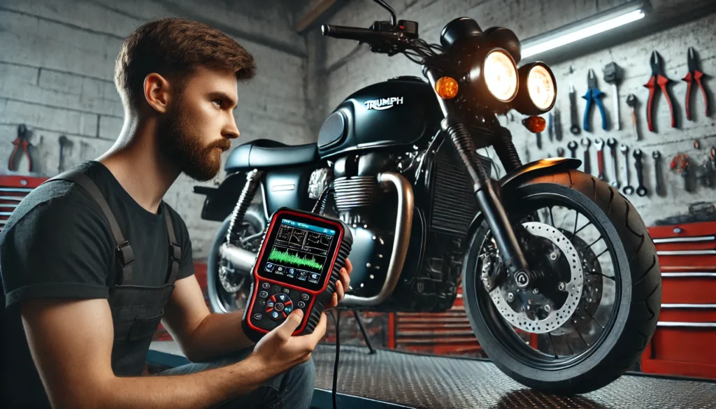 エンジン診断装置（OBD2スキャナー）を使用してトライアンフのバイクを診断している様子を表現した横長のイメージ